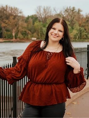 Maurices Rust Peasant Blouse with Ruffle Sleeves